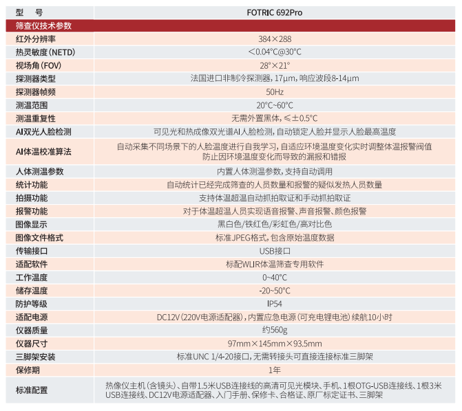 FOTRIC 692Pro全自動紅外體溫篩查儀技術(shù)參數(shù)